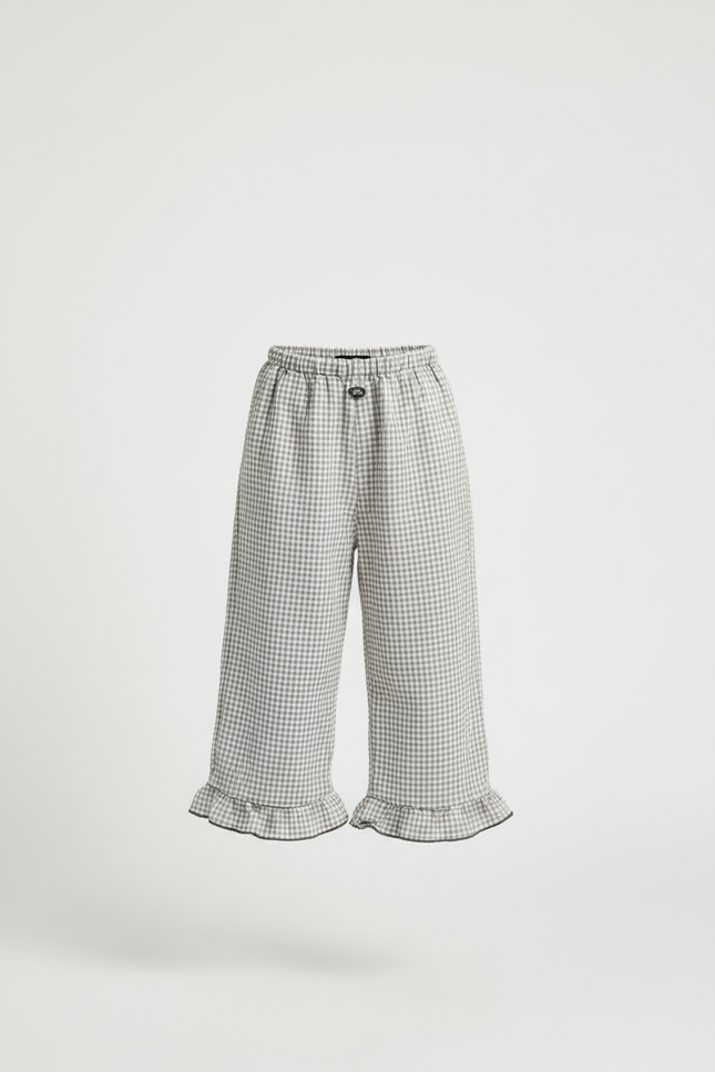 Pantalon Beige Vichy Ample Volants Coton Lin Fille - vue 3