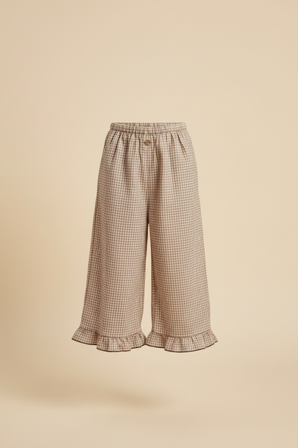 Pantalon Beige Vichy Ample Volants Coton Fille - vue 3