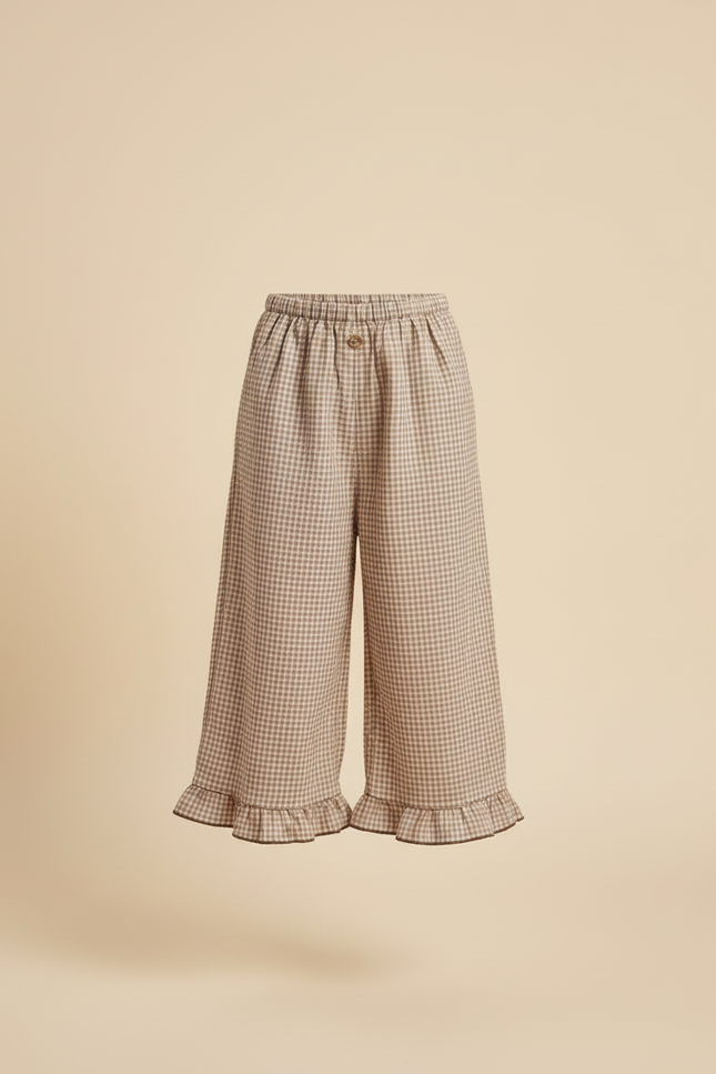 Pantalon Beige Vichy Ample Volants Coton Fille - vue 3