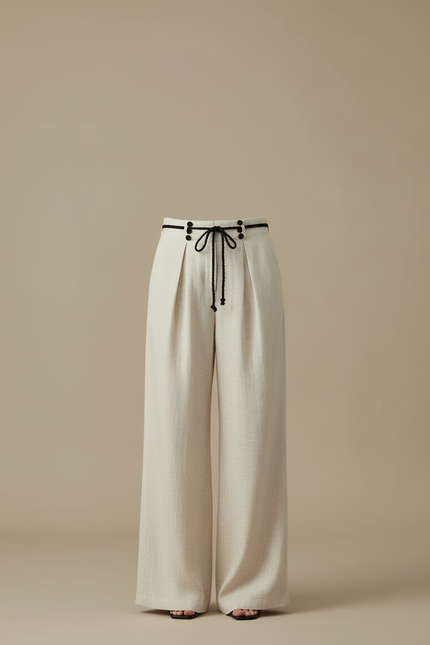 Pantalon Beige Large Fluide Lin Plissé - vue 3