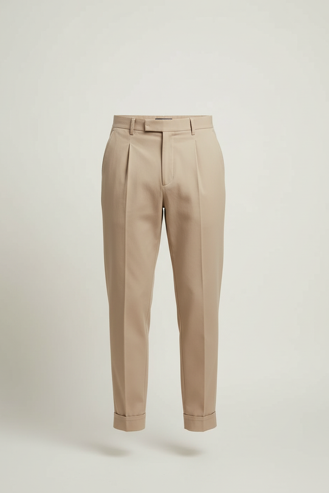 Pantalon Beige Plissé Droit Coton Élégant Décontracté - vue 3