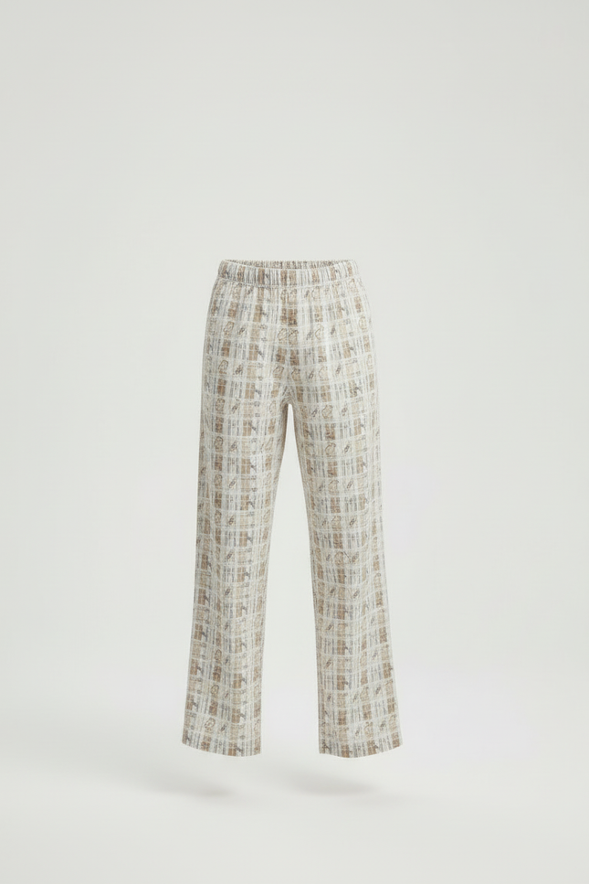 Pantalon Beige Imprimé Carreaux Ample Décontracté Confortable - Coton - vue 3