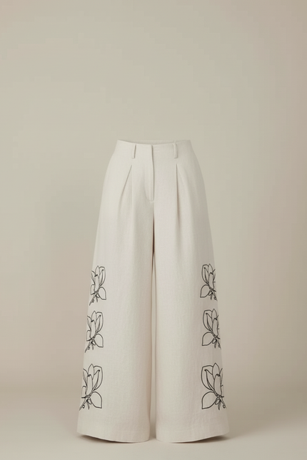 Pantalon Beige Ample Fluide Lin Brodé Floral - vue 3