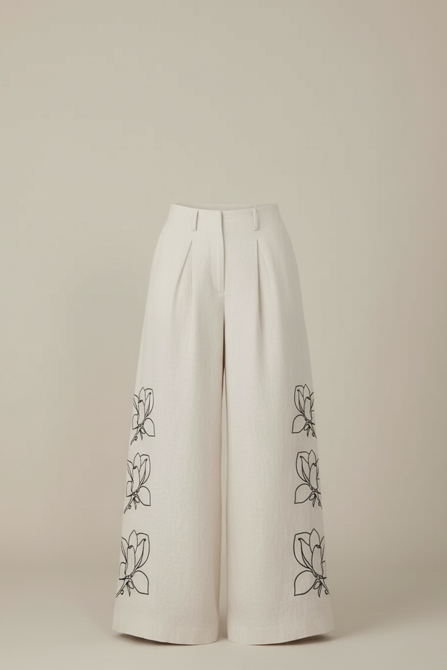 Pantalon Beige Ample Fluide Lin Brodé Floral - vue 3