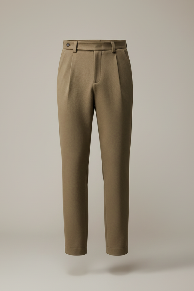 Pantalon Beige Laine Droite Plissé Homme Élégant - Kaki - vue 3
