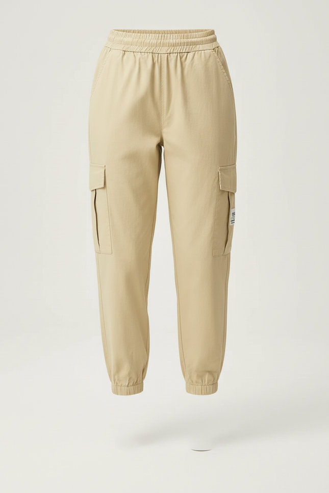 Pantalon Beige Cargo Décontracté Taille Haute Élastique Femme - Toile - vue 3