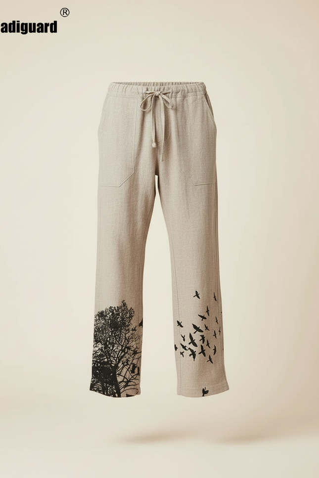 Pantalon Beige Lin Ample Imprimé Arbre Oiseaux Homme - vue 3