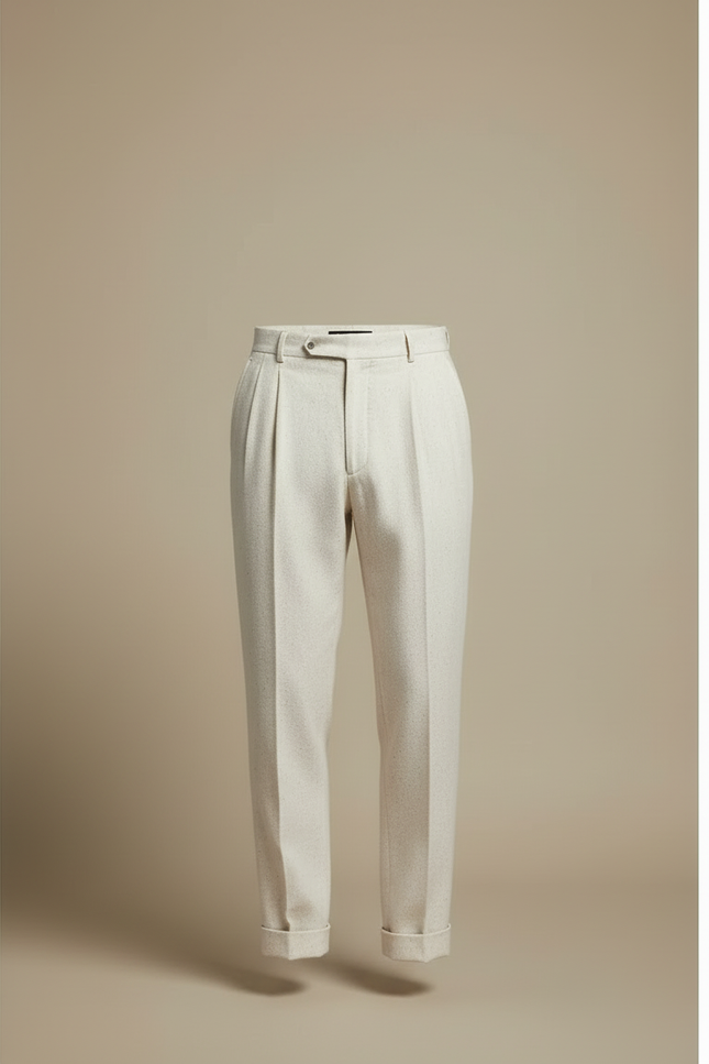 Pantalon Beige Plissé Droit Laine Élégant Homme - vue 3
