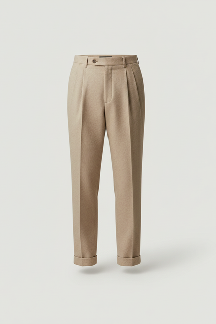 Pantalon Beige Laine Plissé Droit Élégant Homme - vue 3