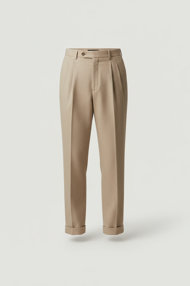 Pantalon Beige Laine Plissé Droit Élégant Homme - vue 3