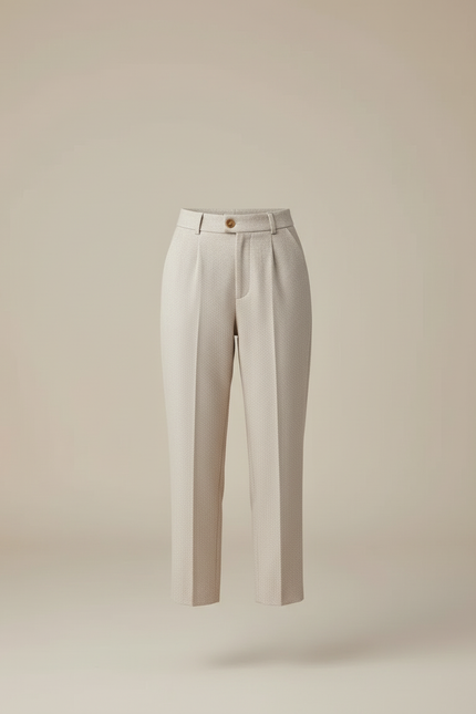 Pantalon Beige Taille Haute Pince Motif Discret - Laine - vue 3