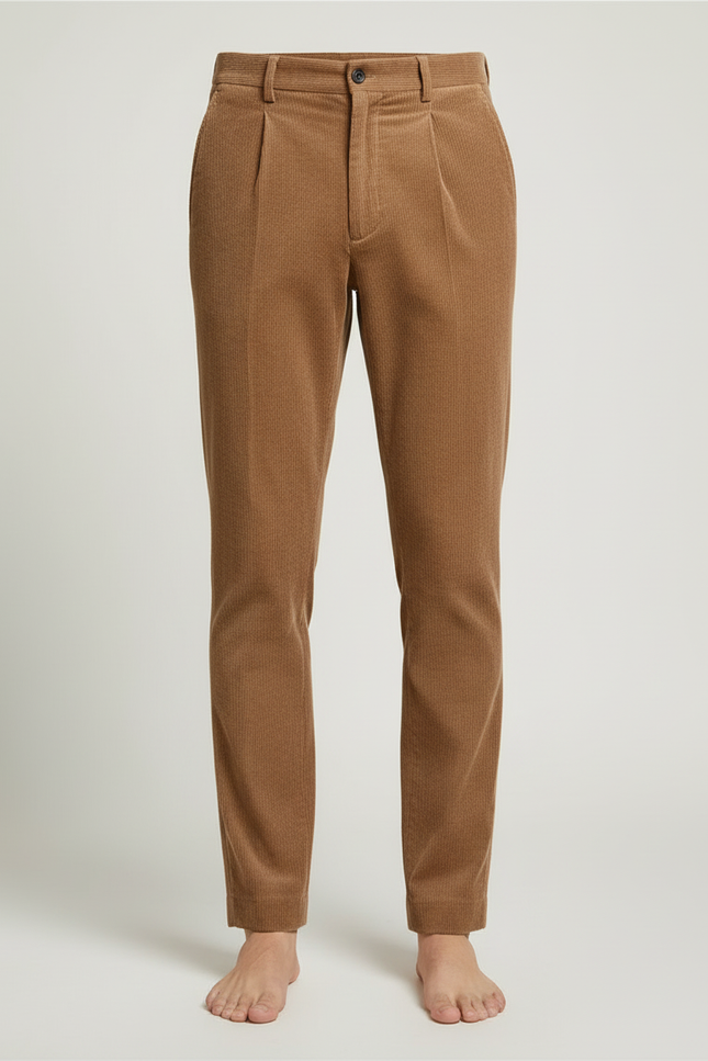 Pantalon Beige Côtelé Plissé Décontracté Homme Élastique - Camel Cordé - vue 3