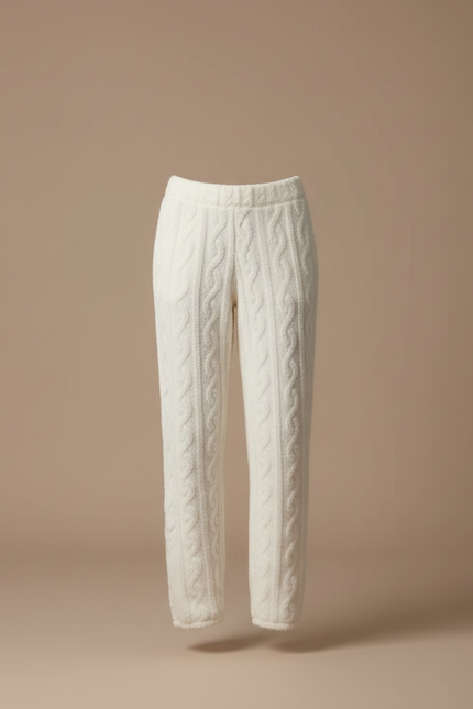 Pantalon Beige Tricoté Doux Confortable Torsadé Femme - Blanc Maille - vue 3