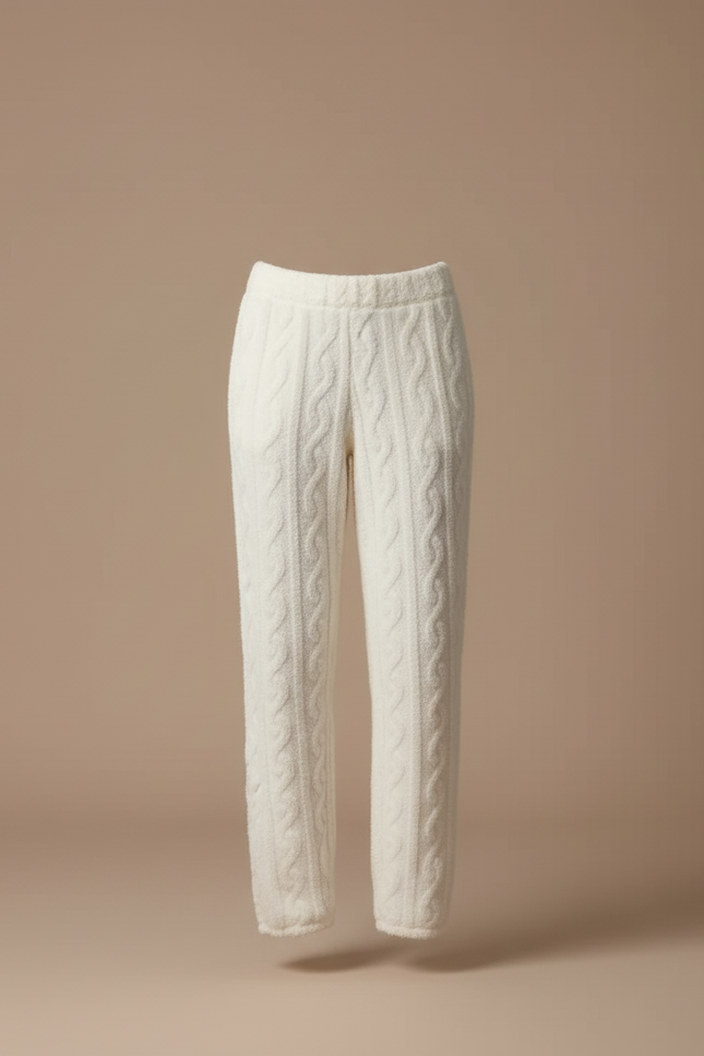 Pantalon Beige Tricoté Doux Confortable Torsadé Femme - Blanc Maille - vue 3