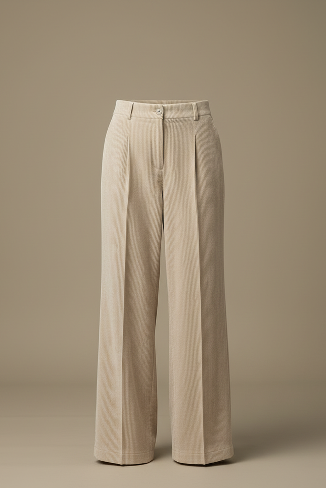 Pantalon Beige Côtelé Ample Taille Haute Rétro - Cordé - vue 3