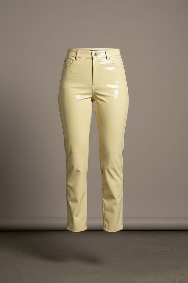 Pantalon Beige Brillant Taille Haute Similicuir Skinny - Jaune Simili cuir - vue 3