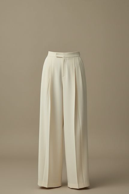 Pantalon Beige Plissé, Fluide, Taille Haute, Élégant - Polyester - vue 3