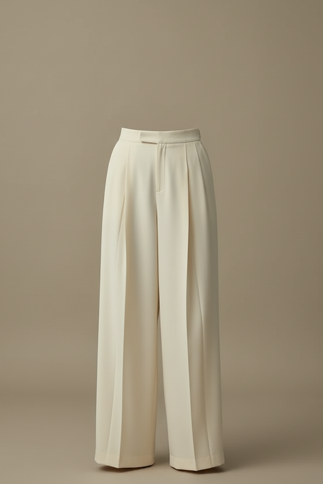 Pantalon Beige Plissé, Fluide, Taille Haute, Élégant - Polyester - vue 3
