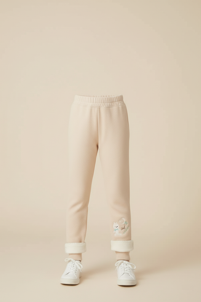 Pantalon Beige Côtelé Brodé Molletonné Enfant Hiver - Cordé - vue 3