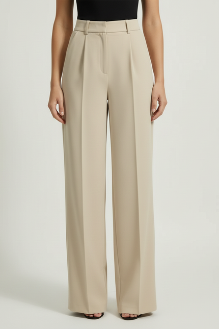 Pantalon Beige Élégan Droit Fluide Taille Haute Femme - Viscose - vue 3