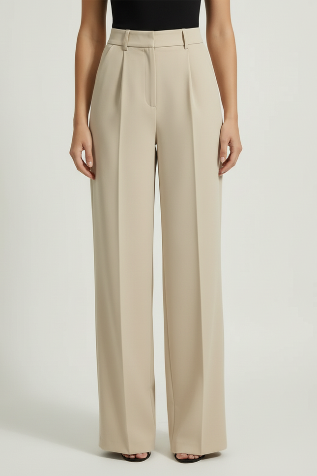 Pantalon Beige Élégan Droit Fluide Taille Haute Femme - Viscose - vue 3