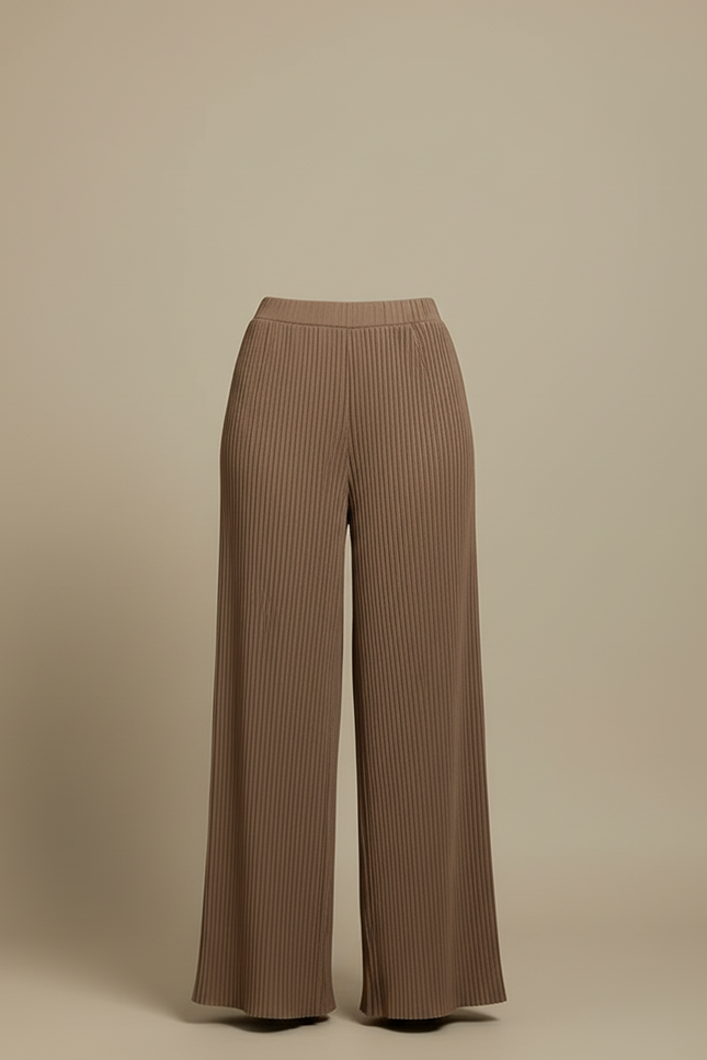 Pantalon Beige Plissé Ample Fluide Côtelé Élégant - Maille - vue 3