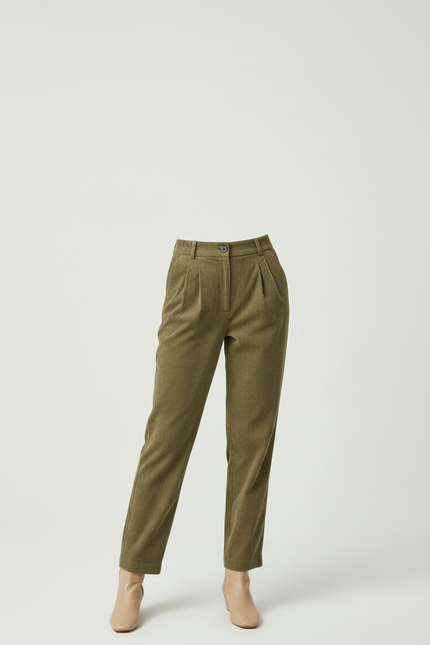 Pantalon Beige Côtelé Droit Plissé Élégant Femme - Kaki Cordé - vue 3