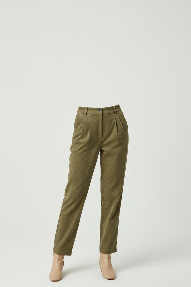 Pantalon Beige Côtelé Droit Plissé Élégant Femme - Kaki Cordé - vue 3