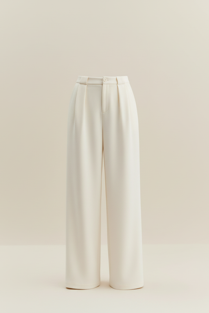 Pantalon Beige Taille Haute Ample Plissé Élégant Femme - Gabardine - vue 3