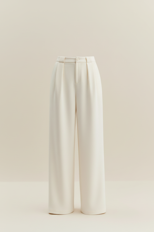 Pantalon Beige Taille Haute Ample Plissé Élégant Femme - Gabardine - vue 3