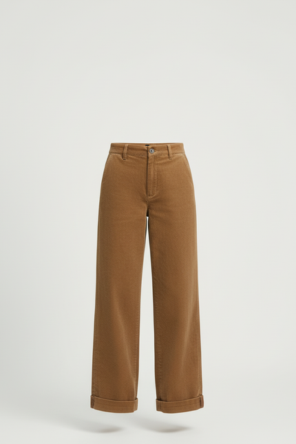 Pantalon Beige Côtelé Large Taille Haute Femme - Camel Cordé - vue 3