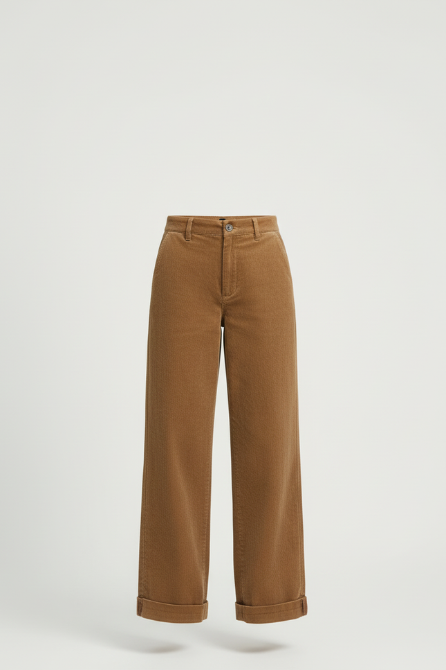 Pantalon Beige Côtelé Large Taille Haute Femme - Camel Cordé - vue 3
