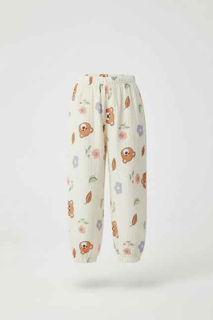 Pantalon Beige Ample Motif Ours Fleuri Léger - Coton - vue 3