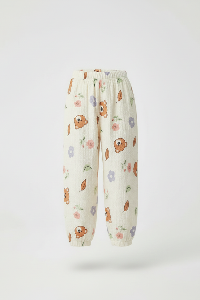 Pantalon Beige Ample Motif Ours Fleuri Léger - Coton - vue 3