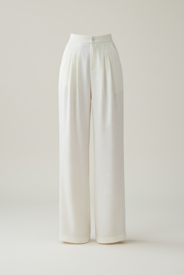 Pantalon Beige Satiné Ample Jacquard Fluide Élégant - vue 3