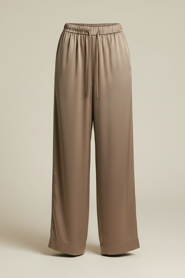Pantalon Beige Satiné Ample Fluide Décontracté Femme - Marron - vue 3