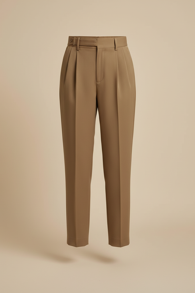 Pantalon Beige Conique Taille Haute Élégant Plissé - Kaki Gabardine - vue 3