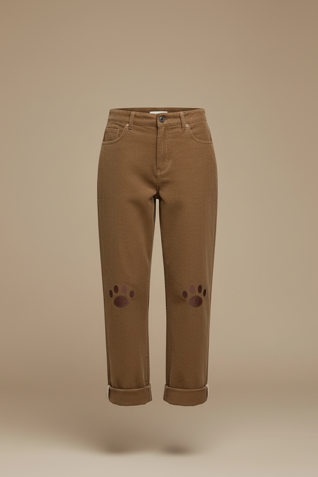 Pantalon Beige Côtelé Ample Patte Brodé - Marron Cordé - vue 3