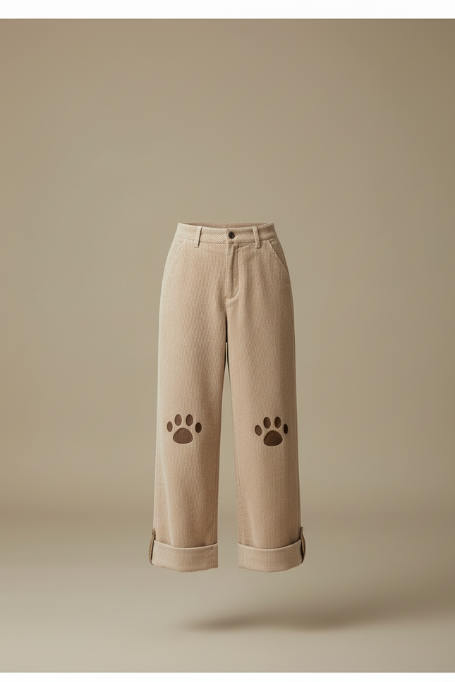 Pantalon Beige Côtelé Ample Patte Brodé Femme - Cordé - vue 3