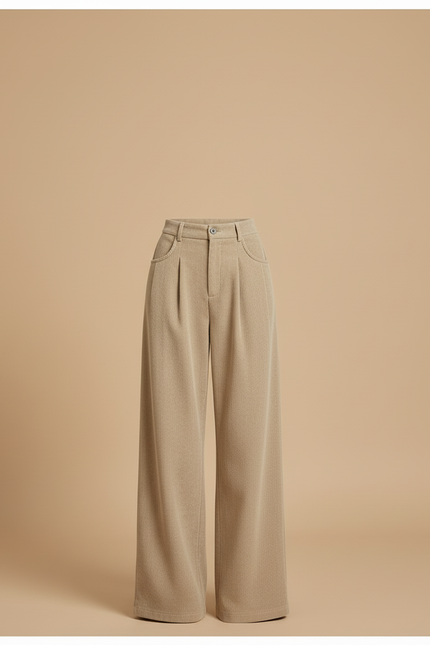 Pantalon Beige Côtelé Taille Haute Ample Femme - Cordé - vue 3
