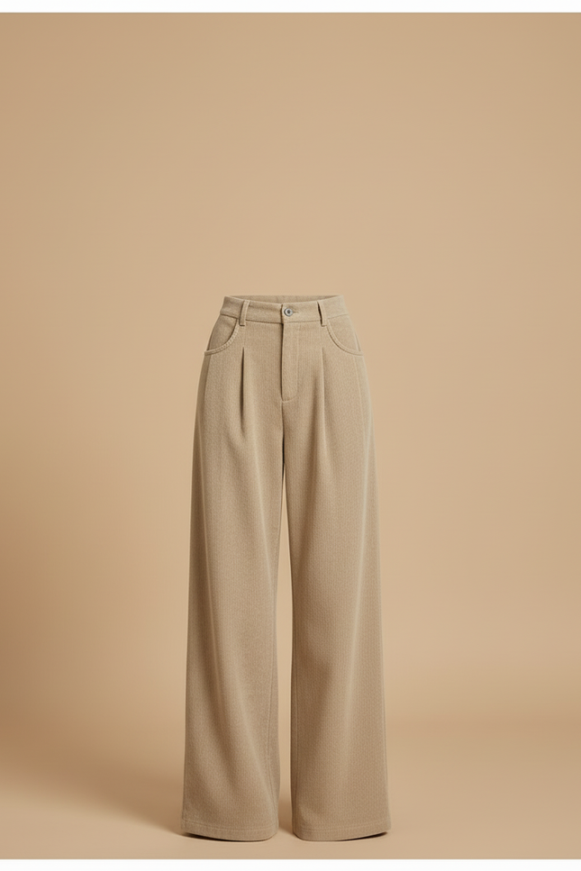 Pantalon Beige Côtelé Taille Haute Ample Femme - Cordé - vue 3