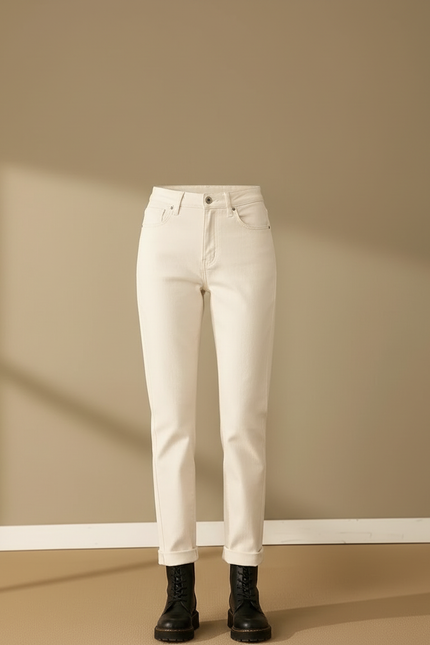 Pantalon Beige Droit Taille Haute Épais Décontracté Femme - Jean - vue 3