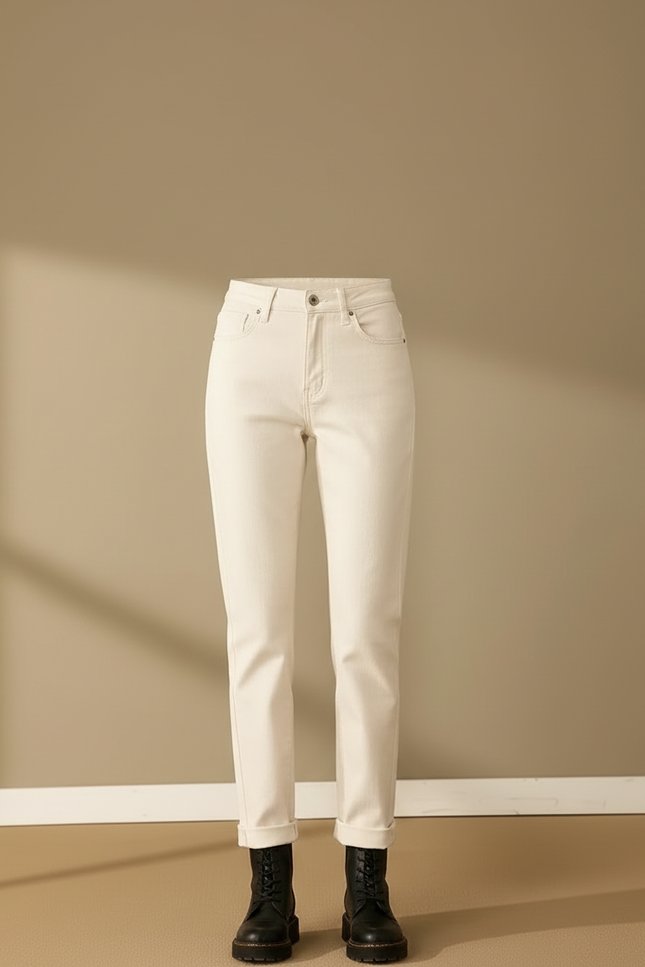 Pantalon Beige Droit Taille Haute Épais Décontracté Femme - Jean - vue 3