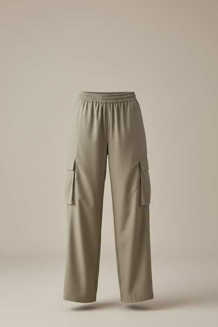 Pantalon Beige Cargo Ample Taille Élastique Décontracté - Kaki Polyester - vue 3