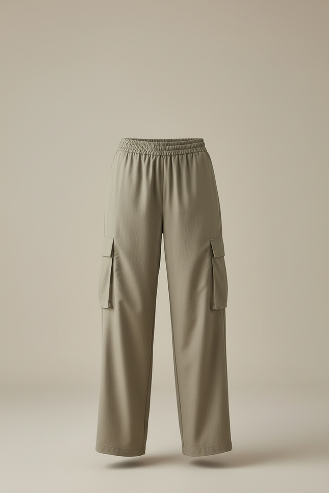 Pantalon Beige Cargo Ample Taille Élastique Décontracté - Kaki Polyester - vue 3