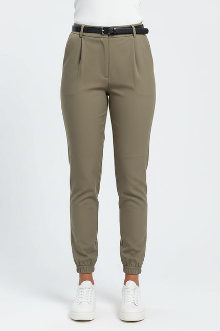 Pantalon Beige Femme Taille Haute Jogger Ceinturé Élégant - Kaki Polyester - vue 3