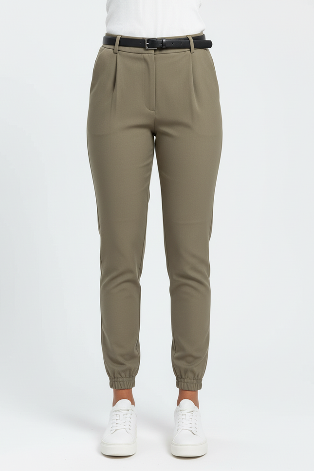 Pantalon Beige Femme Taille Haute Jogger Ceinturé Élégant - Kaki Polyester - vue 3
