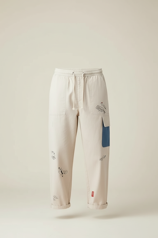 Pantalon Beige Coton Droit Imprimé Décontracté Homme - vue 3