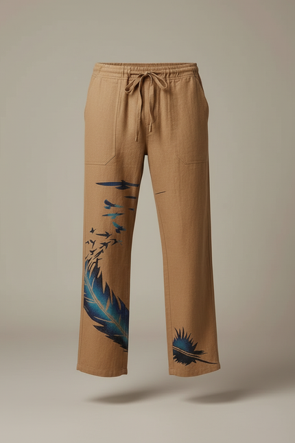 Pantalon Beige Lin Ample Imprimé Plume Oiseaux Homme - vue 3