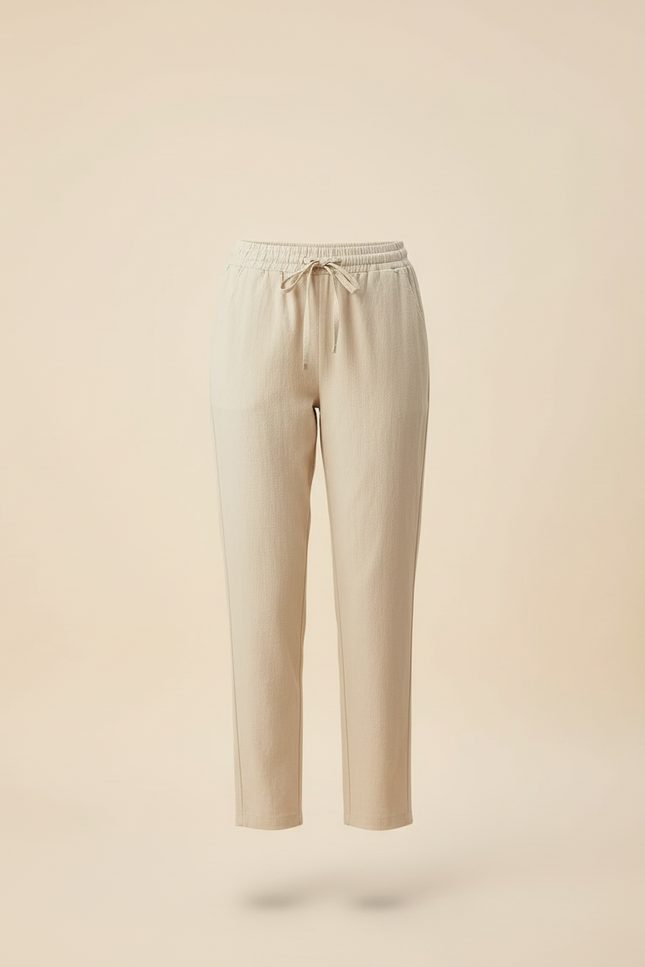 Pantalon Beige Cordon Lin Coton Décontracté Femme - vue 3
